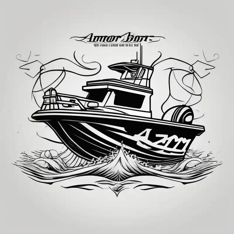 Traditional style tattoo, with a jet boat in the water, with a banner that says “ARMOR” in traditional lettering, add